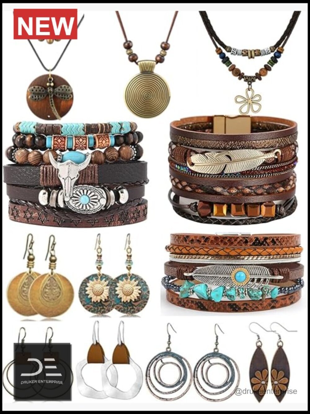 12pcs Boho Jewelry Set with Long Necklace Earrings Bracelets